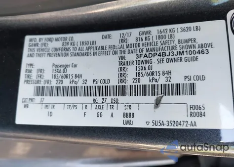 2018 Ford Fiesta Se из США, поврежденный, VIN 3FADP4BJ3JM100463